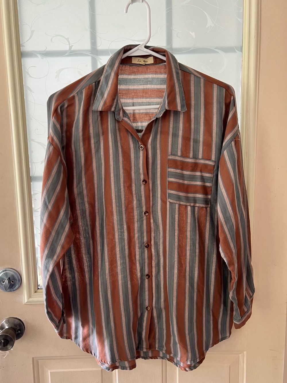Love Notes rust/blue/white striped button down blouse with patch pocket. Size L
